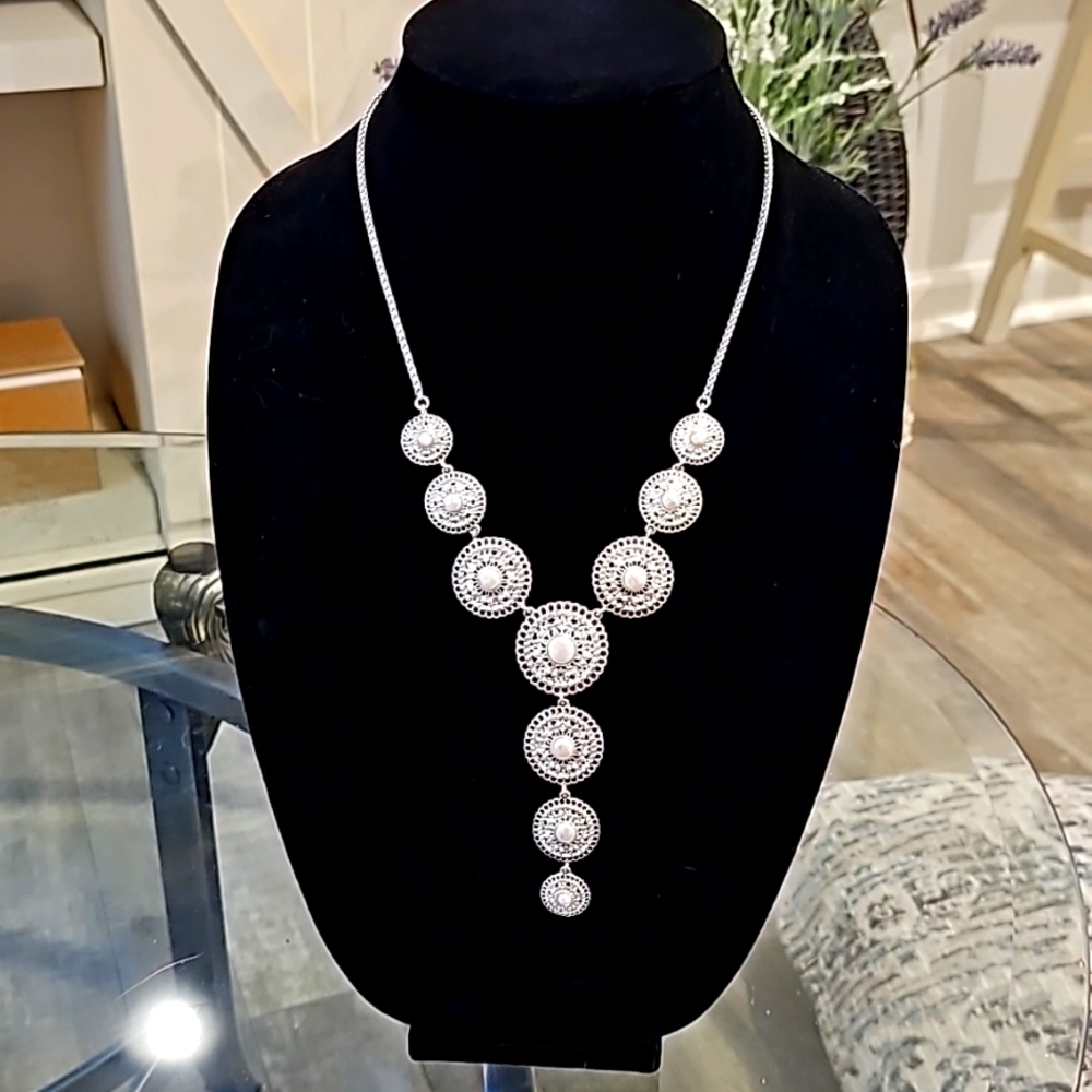 Lucky Brand  Silver Toned Floral Lariat Necklace with Faux Pearl Insets